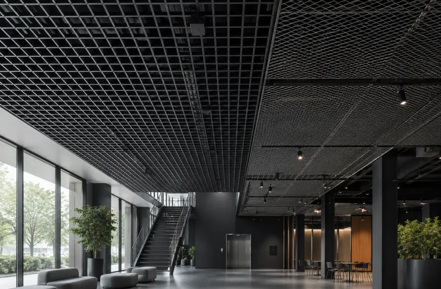 Open cell ve mesh tavan sistemlerinin birlikte kullanıldığı modern metal asma tavan uygulaması