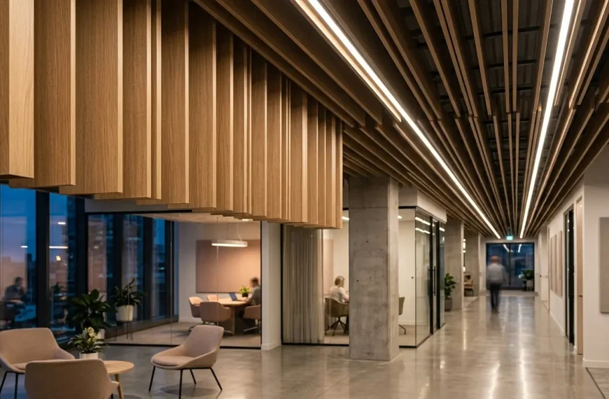 Modern bir ofis ortamında ahşap görünümlü dikey metal baffle tavan panelleri arasına entegre edilmiş doğrusal lineer LED aydınlatma tasarımı.