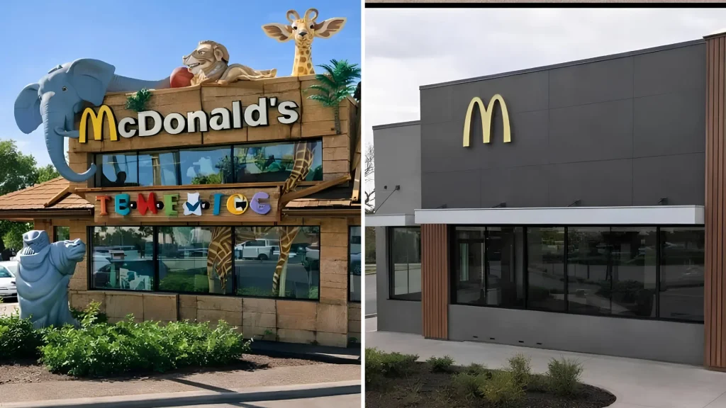 Kurumsal mimaride minimalizm etkisi: Geçmişin karakterli, sıcak ve neşeli tasarıma sahip eski McDonald's şubesi ile günümüzün koyu renkli, sade ve tek tip mimari kimliğine sahip şubesinin değişimi.